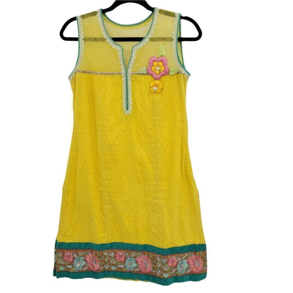 Handmade 70's Yellow Swiss Dot Pom Pom Lace Trim Sleeveless‎ Gogo Dress Sz S